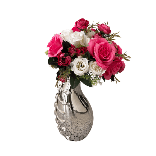 CHINE VASE chrome sculptural SLA printed resin vase holding pink and white flowers, side view