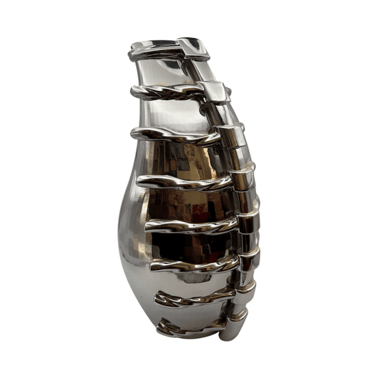 rear angle of CHINE VASE sculptural chrome-coated SLA printed resin vase with ribbed shell