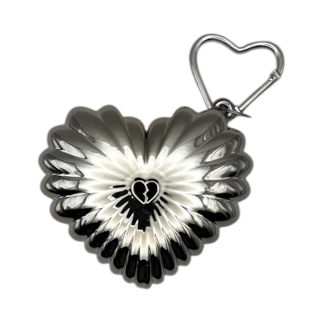 Back view of the HEART ON FIRE chrome-plated 3D-printed lighter case with sculptural heart design on a white background.